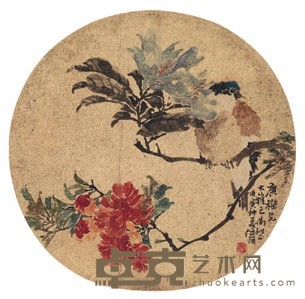 任颐 1878年作 花鸟圆光 扇面立轴 直径27cm